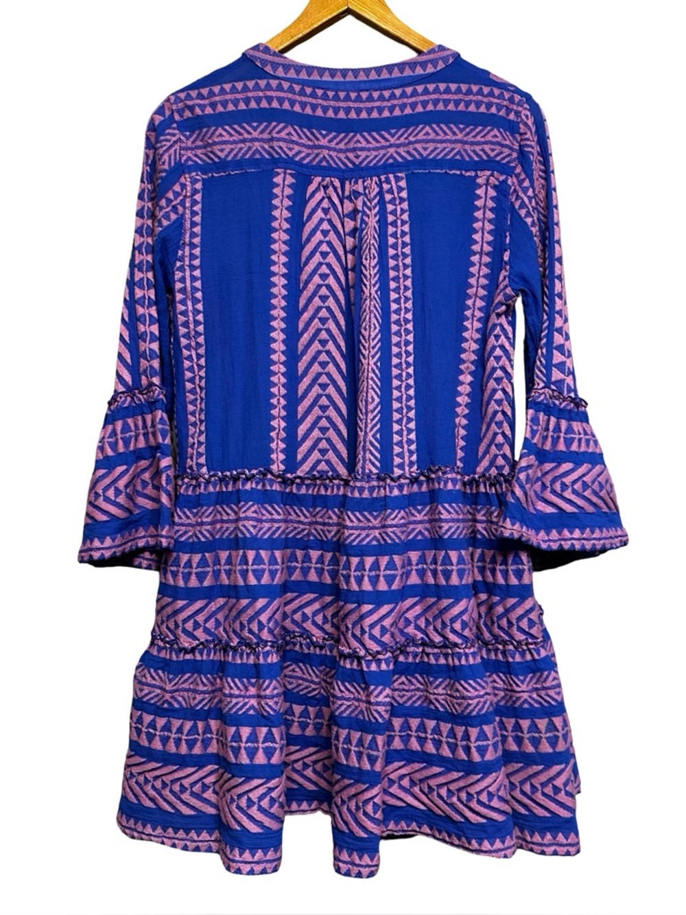 Devotion TWINS Blue Pink Geometric Woven Tier Bell Sleeve Mini Dress Medium - Picture 3 of 12